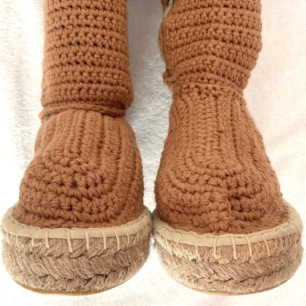 LIVS Crochet Knee High Espadrille Boots Tan Lace Up Boho Cottagecore Size 7 - Picture 4 of 15